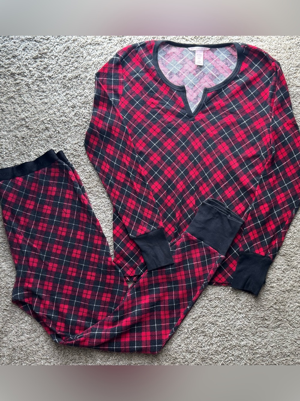 Victoria’s Secret Red Black Plaid Thermal Pajama Set Women’s Medium Waffle Knit
